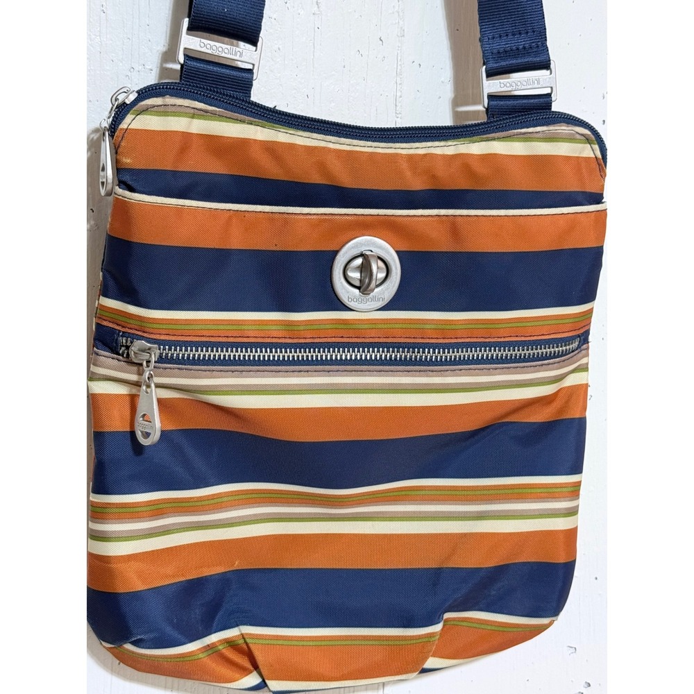 Baggallini Crossbody Bag Striped Nylon Navy Orange Multi Pocket Travel Purse